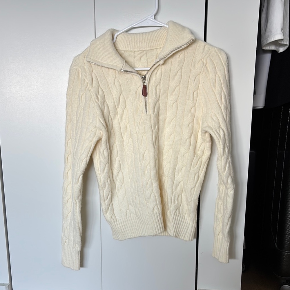 Cream Cable Knit Sweater with Half-Zip